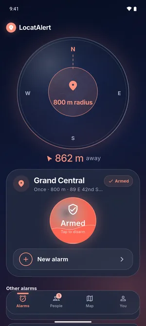 Alarms screen on Android: Grand Central armed with an 800 m radius, 862 m away, and Tap to disarm