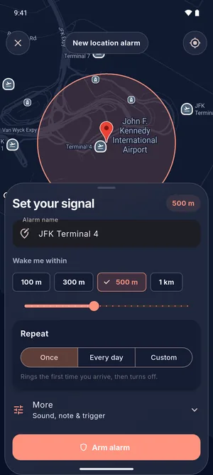 New alarm on Android for JFK Terminal 4: Wake me within 500 m, repeat Once, and an Arm alarm button