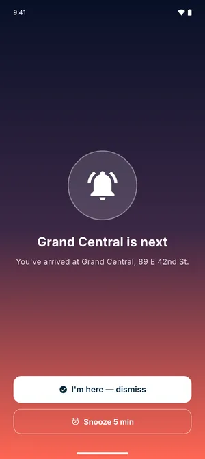 Android ringing screen: Grand Central is next, with I'm here, dismiss and Snooze 5 min buttons