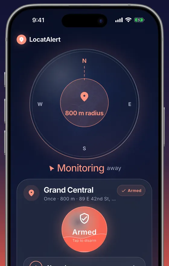 Alarms screen: a Grand Central alarm, once, 800 m radius, armed, with a Tap to disarm button