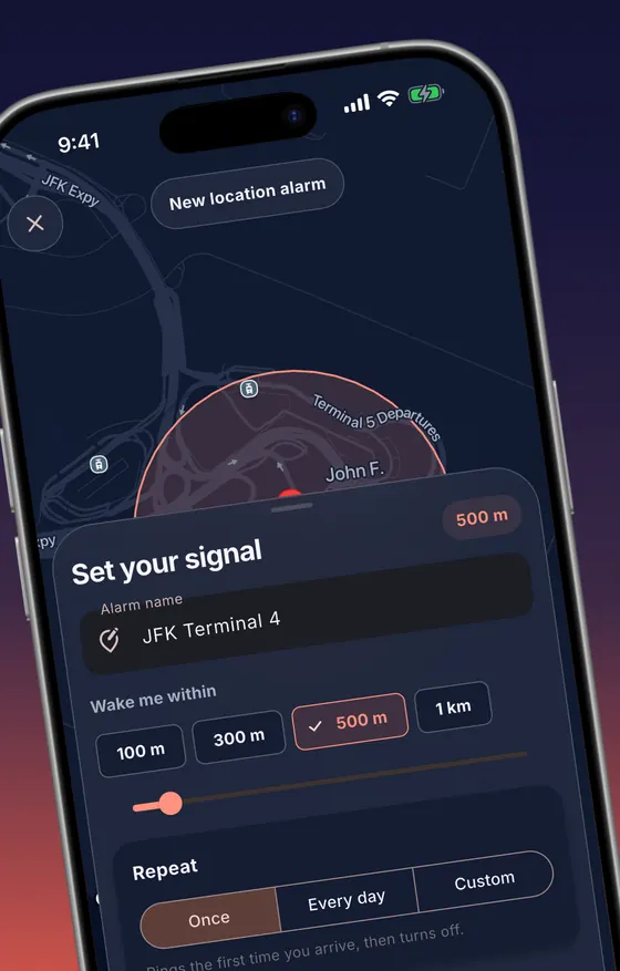 New alarm for JFK Terminal 4 on a map: Wake me within 500 m, repeat Once, Every day or Custom