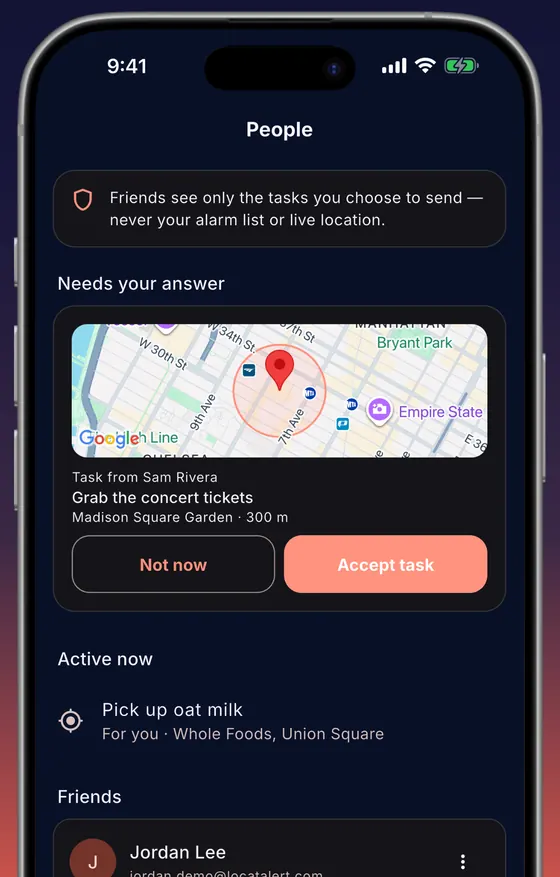 People screen: a task from Sam Rivera at Madison Square Garden with Not now and Accept task buttons